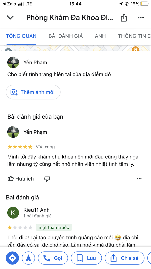 Kết quả cuối cùng của dịch vụ review Google Maps cho phòng khám đa khoa Đinh Tiên Hoàng