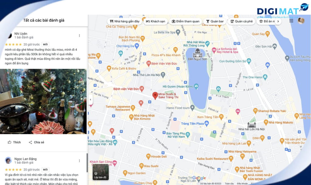 Dịch vụ review Google Map và đánh giá 5 sao cho nhà hàng Mirai Sushi & Sake Tràng Thi từ Digimat